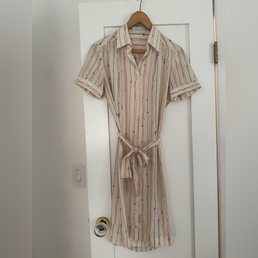 1970s Vintage Lanvin Cream Dress with Rope Logo Pattern